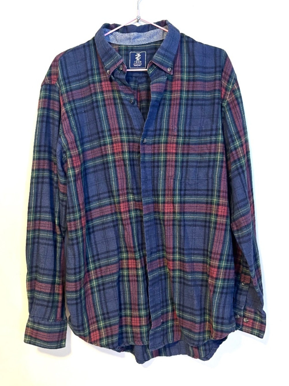 Izod Collared Button Down Flannel Shirt Top Blue Red Checkered Mens Size Large